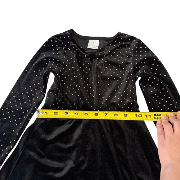 Zara | Kids Black Velvet Metallic Multicolor Dots. Long Sleeve Dress  -Size 7 - Picture 11 of 11